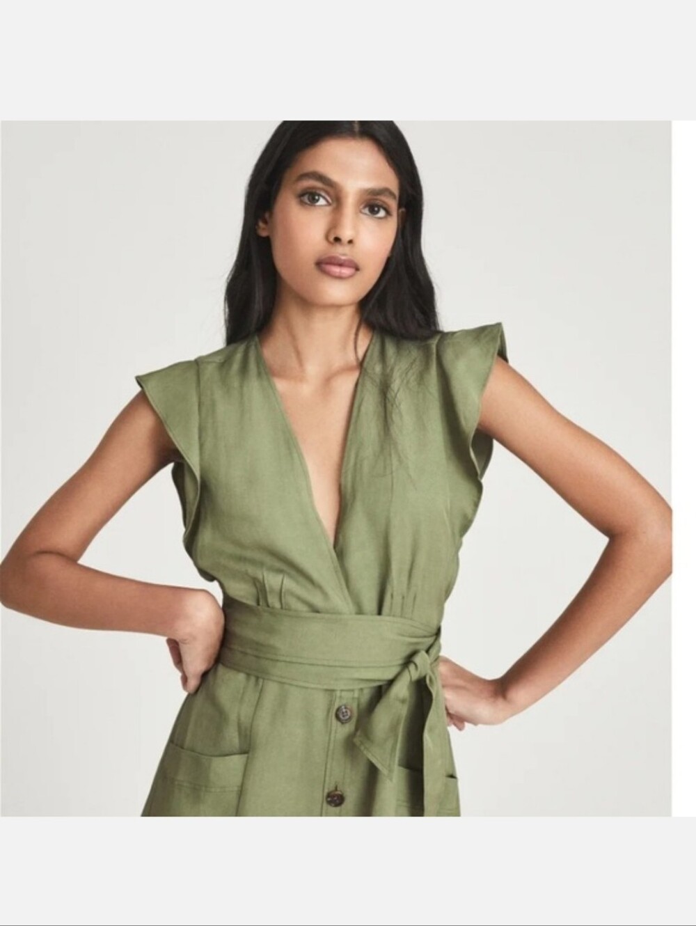 Reiss Olive Green Button-Front Midi Dress - Picture 5 of 12
